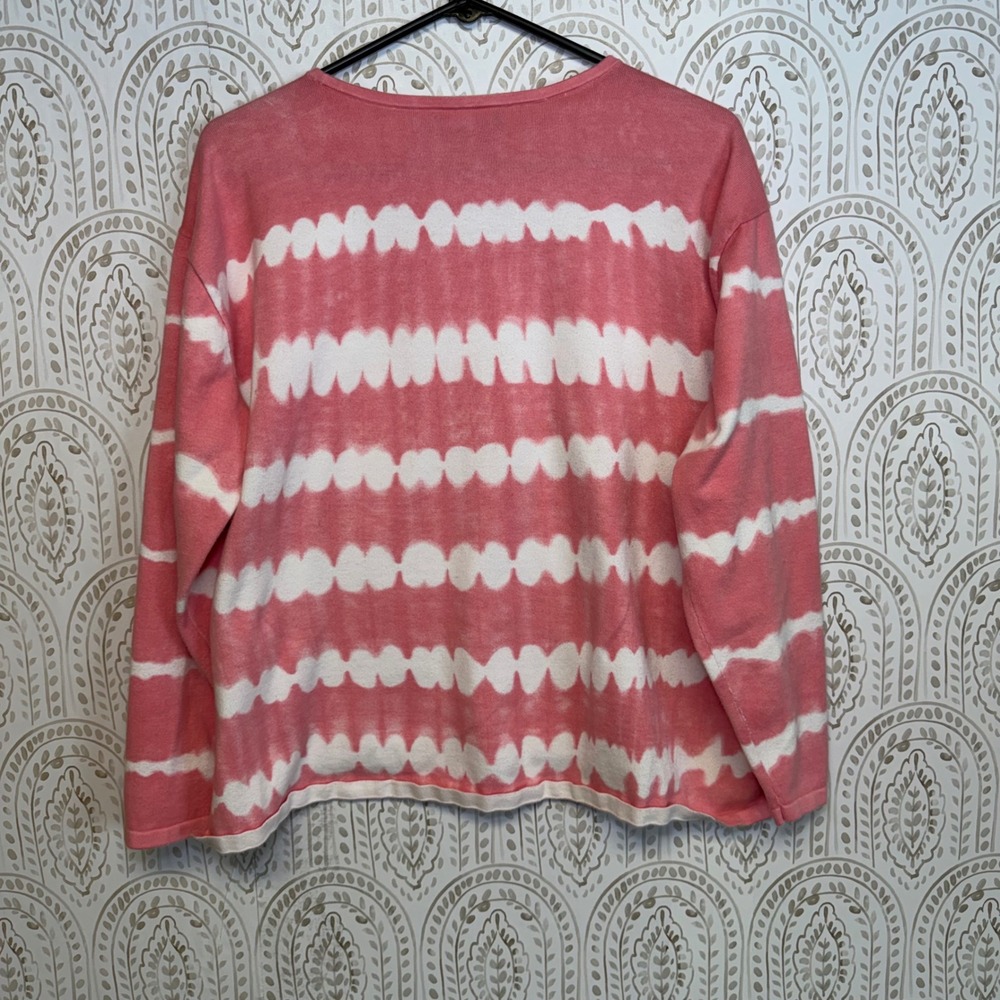 Lands End Womens XL Pink White Tie Dye Striped Cotton Knit Sweater Pullover - Picture 2 of 6